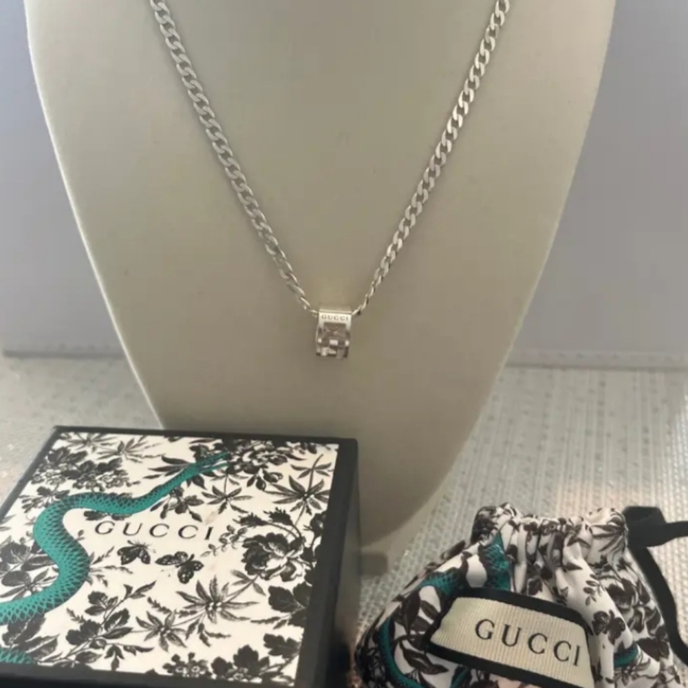 Gucci Sterling Silver Cube Pendant Necklace with Black and Teal Accents